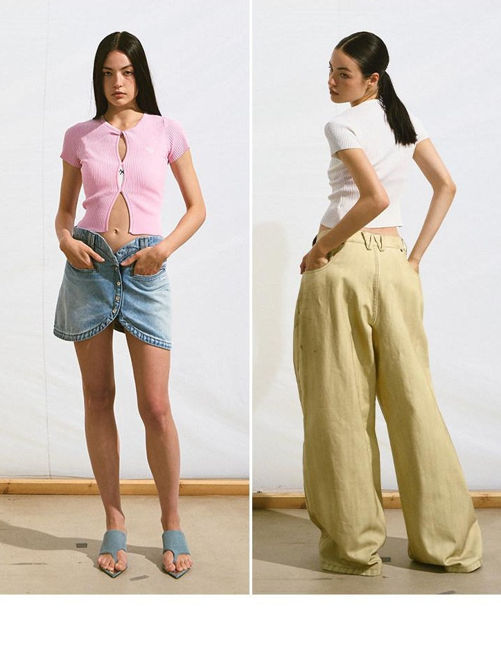NAWSNOTAWEAR Soft V-neck Button Slim Knit Short Sleeve Casual Women Pearl Basic Crop Tops