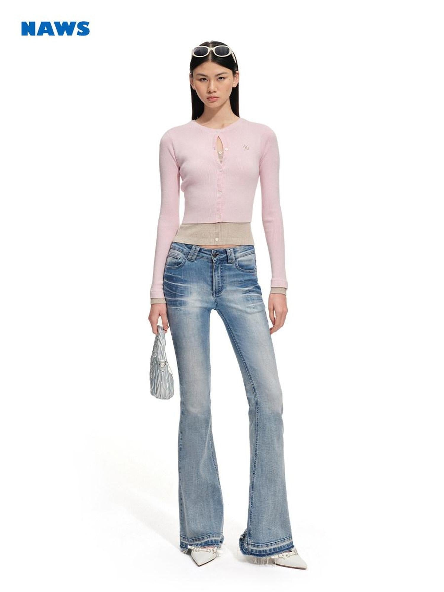 NAWSNOTAWEAR Soft Wool Blend Slim Faux Layered Colorblock Cropped Buttoned Cardigans