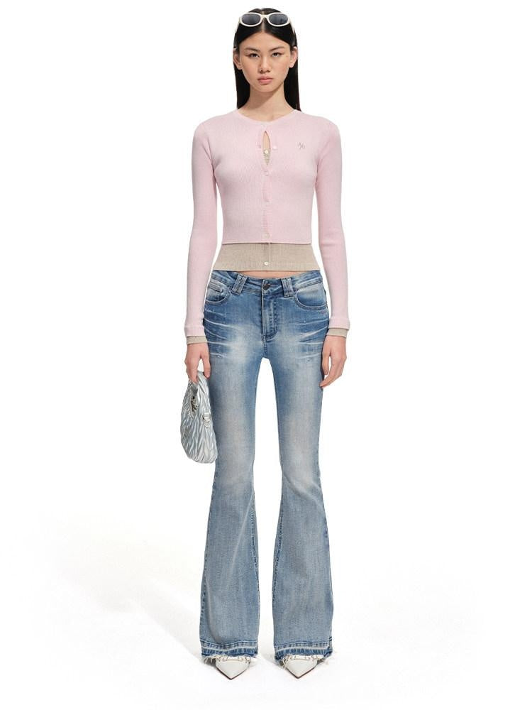 NAWSNOTAWEAR Soft Wool Blend Slim Faux Layered Colorblock Cropped Buttoned Cardigans