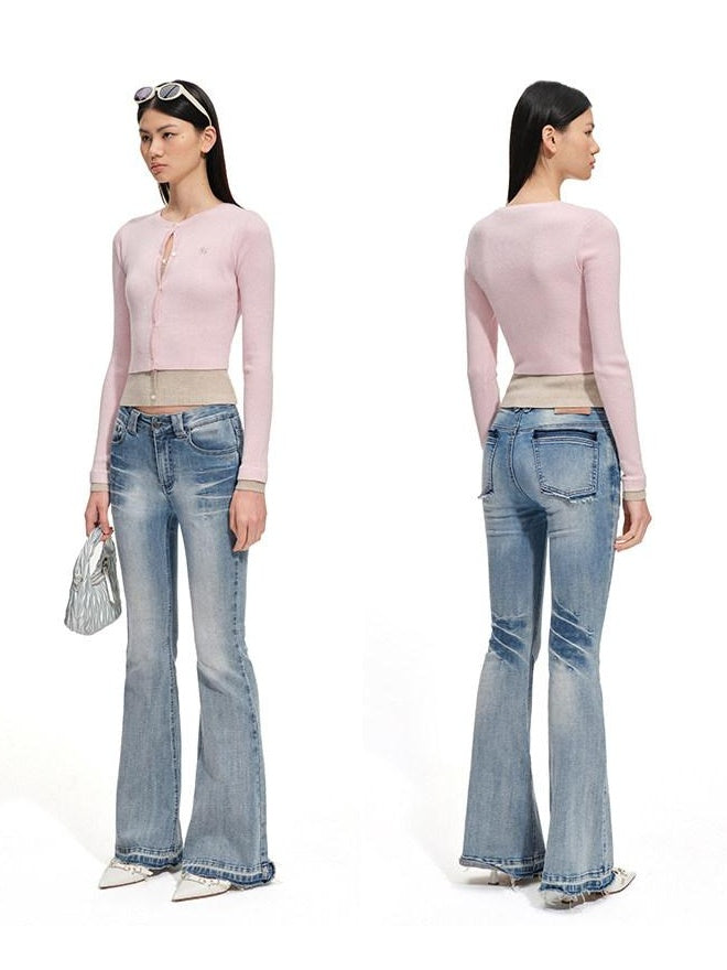 NAWSNOTAWEAR Soft Wool Blend Slim Faux Layered Colorblock Cropped Buttoned Cardigans