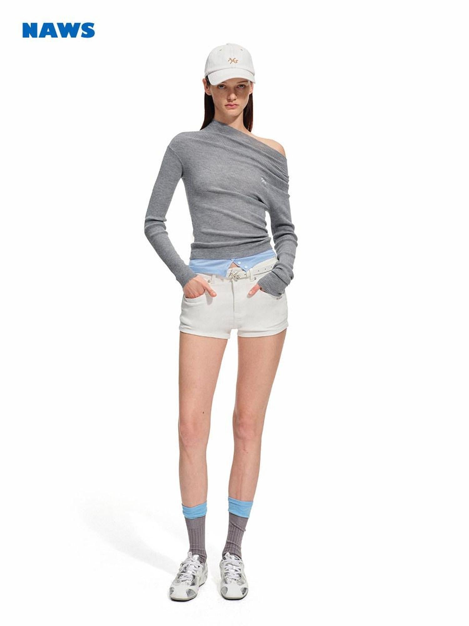NAWSNOTAWEAR Soft Wool Blend Slim Fit Faux Layered Diagonal Neck Womens Long Sleeve T-Shirts