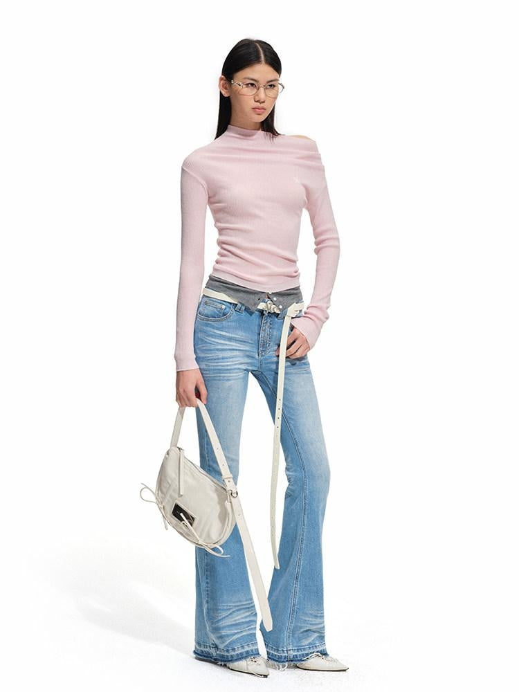 NAWSNOTAWEAR Soft Wool Blend Slim Fit Faux Layered Diagonal Neck Womens Long Sleeve T-Shirts