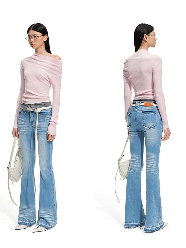 NAWSNOTAWEAR Soft Wool Blend Slim Fit Faux Layered Diagonal Neck Womens Long Sleeve T-Shirts