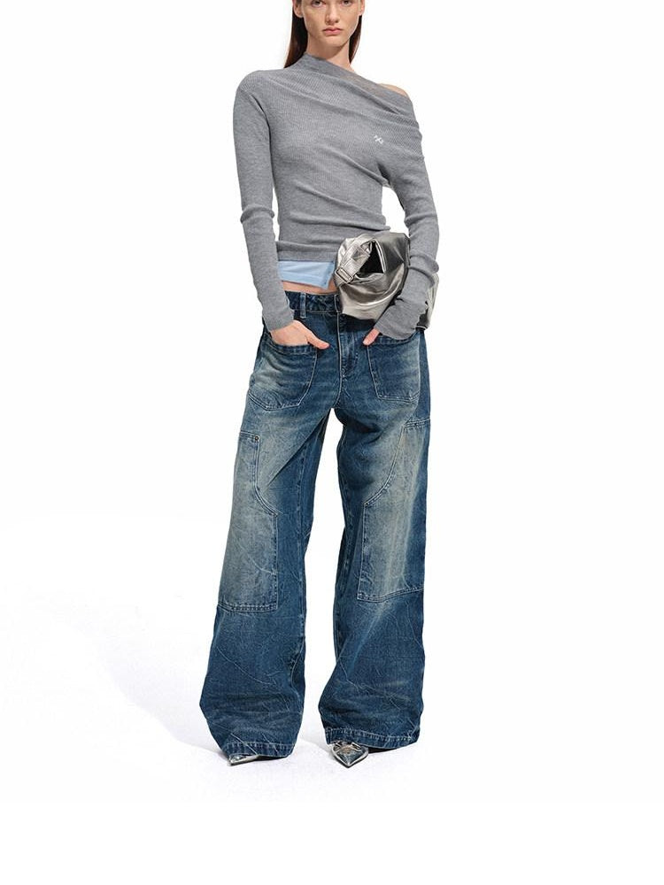 NAWSNOTAWEAR Soft Wool Blend Slim Fit Faux Layered Diagonal Neck Womens Long Sleeve T-Shirts