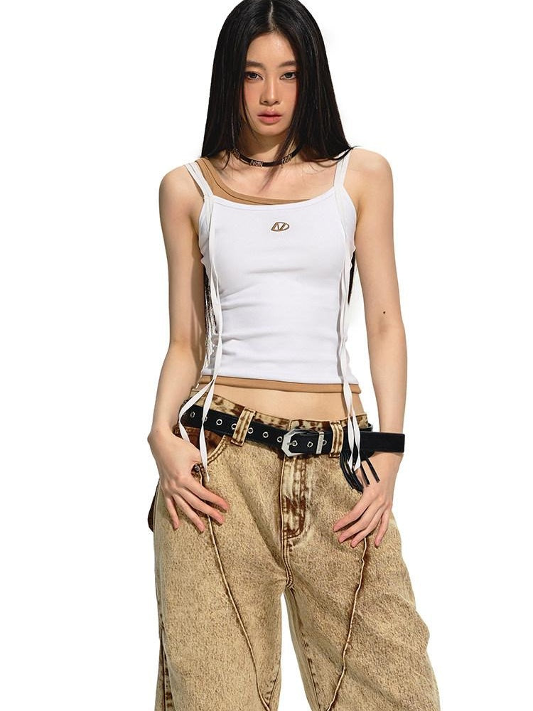 NAWSNOTAWEAR Stretch Cotton Slim Fit Patchwork Strappy Office Tank Camisoles