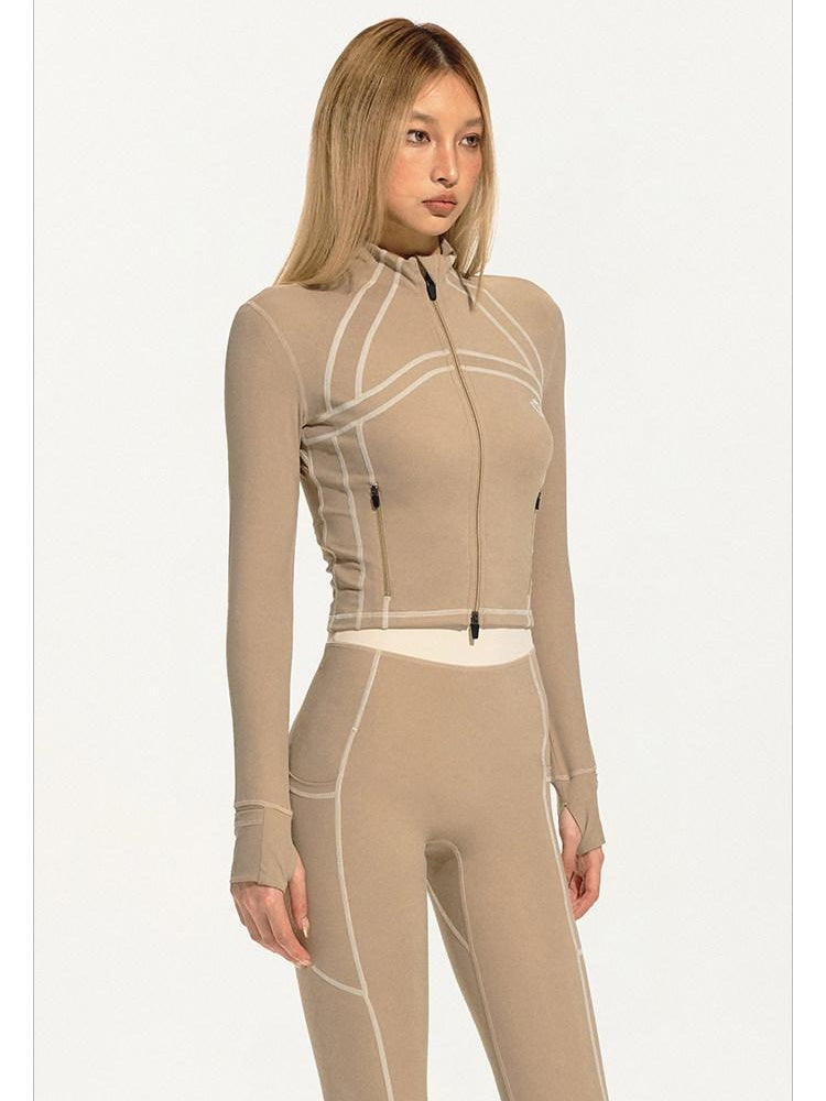 NAWSNOTAWEAR Stretch Nylon Spandex Slim Fit Topstitch Stand Collar Zip Front Cropped Jackets