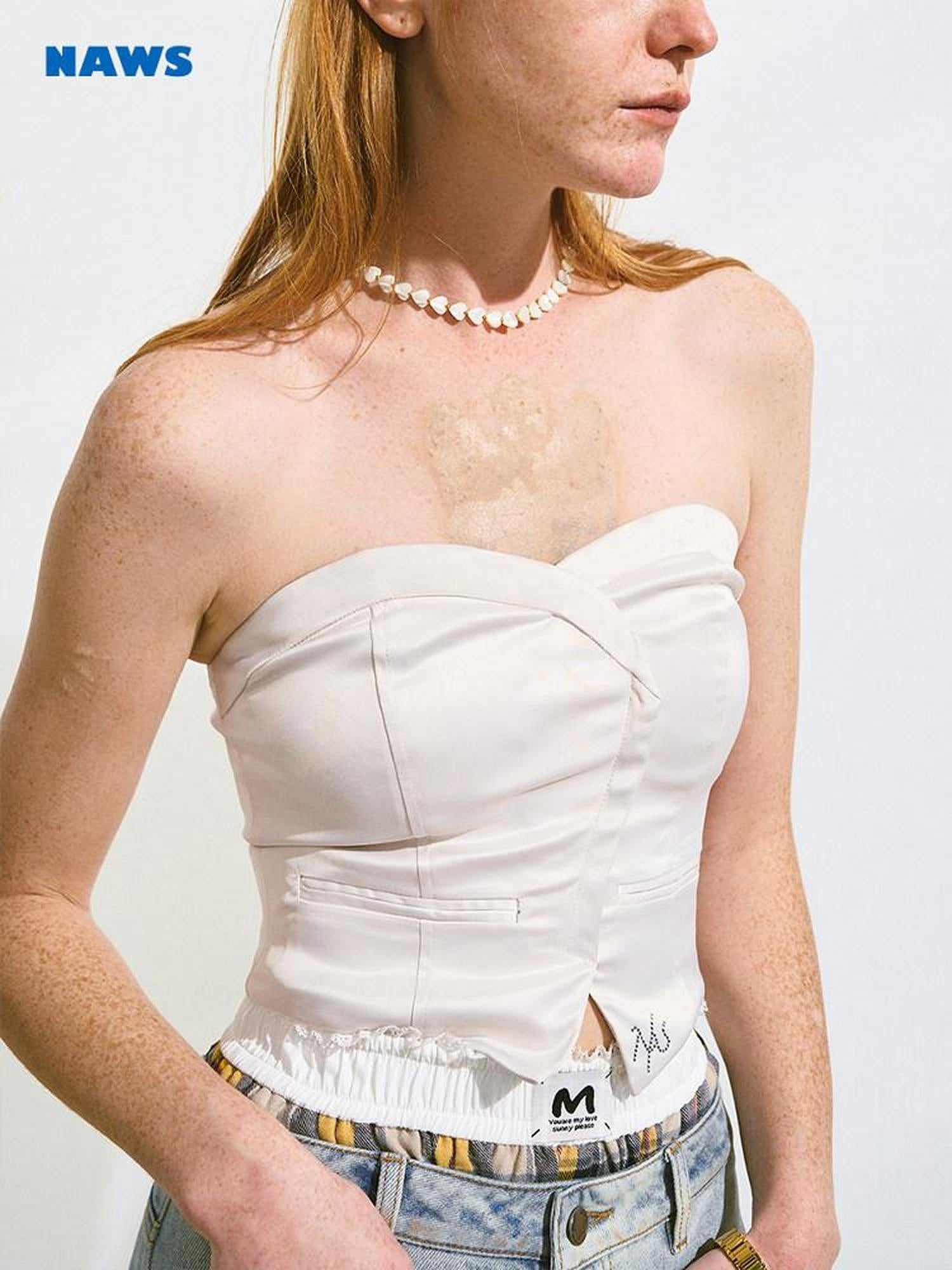 NAWSNOTAWEAR Stretch Slim Fit Cropped Solid Antique White Poly Spandex Tube Tops