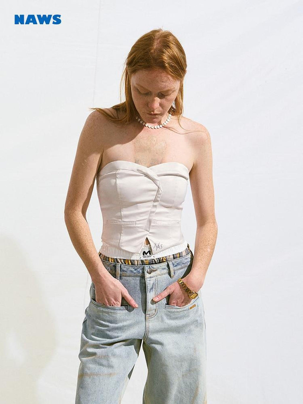 NAWSNOTAWEAR Stretch Slim Fit Cropped Solid Antique White Poly Spandex Tube Tops