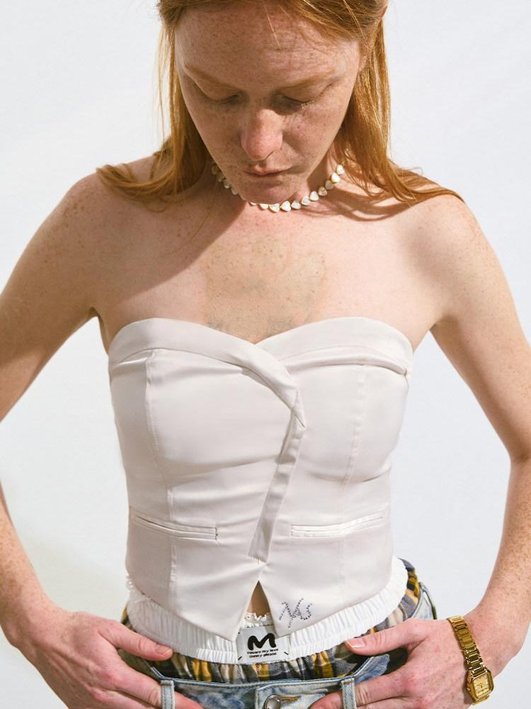 NAWSNOTAWEAR Stretch Slim Fit Cropped Solid Antique White Poly Spandex Tube Tops