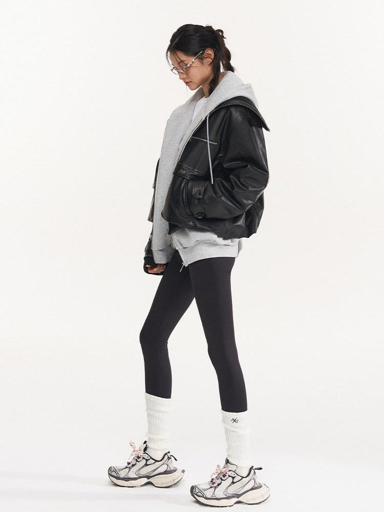 NAWSNOTAWEAR Thick High Collar Zipper Loose Fit Workwear Women Black Pu Puffer Jackets
