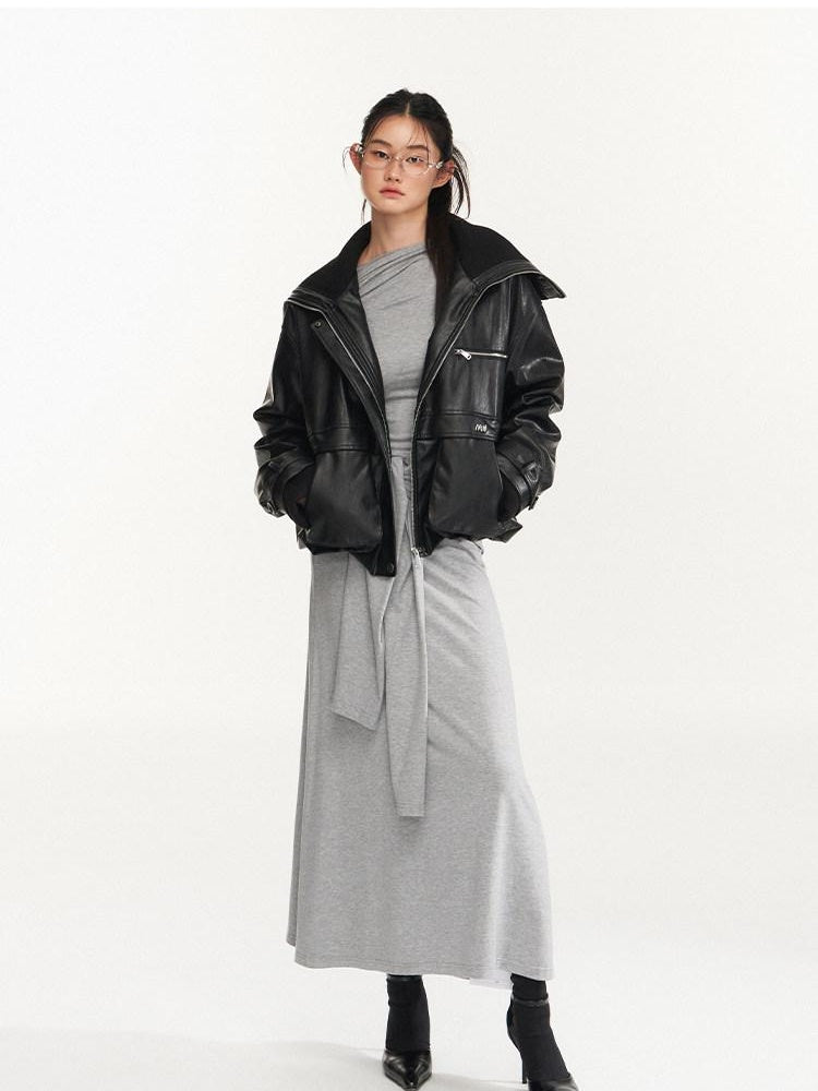 NAWSNOTAWEAR Thick High Collar Zipper Loose Fit Workwear Women Black Pu Puffer Jackets