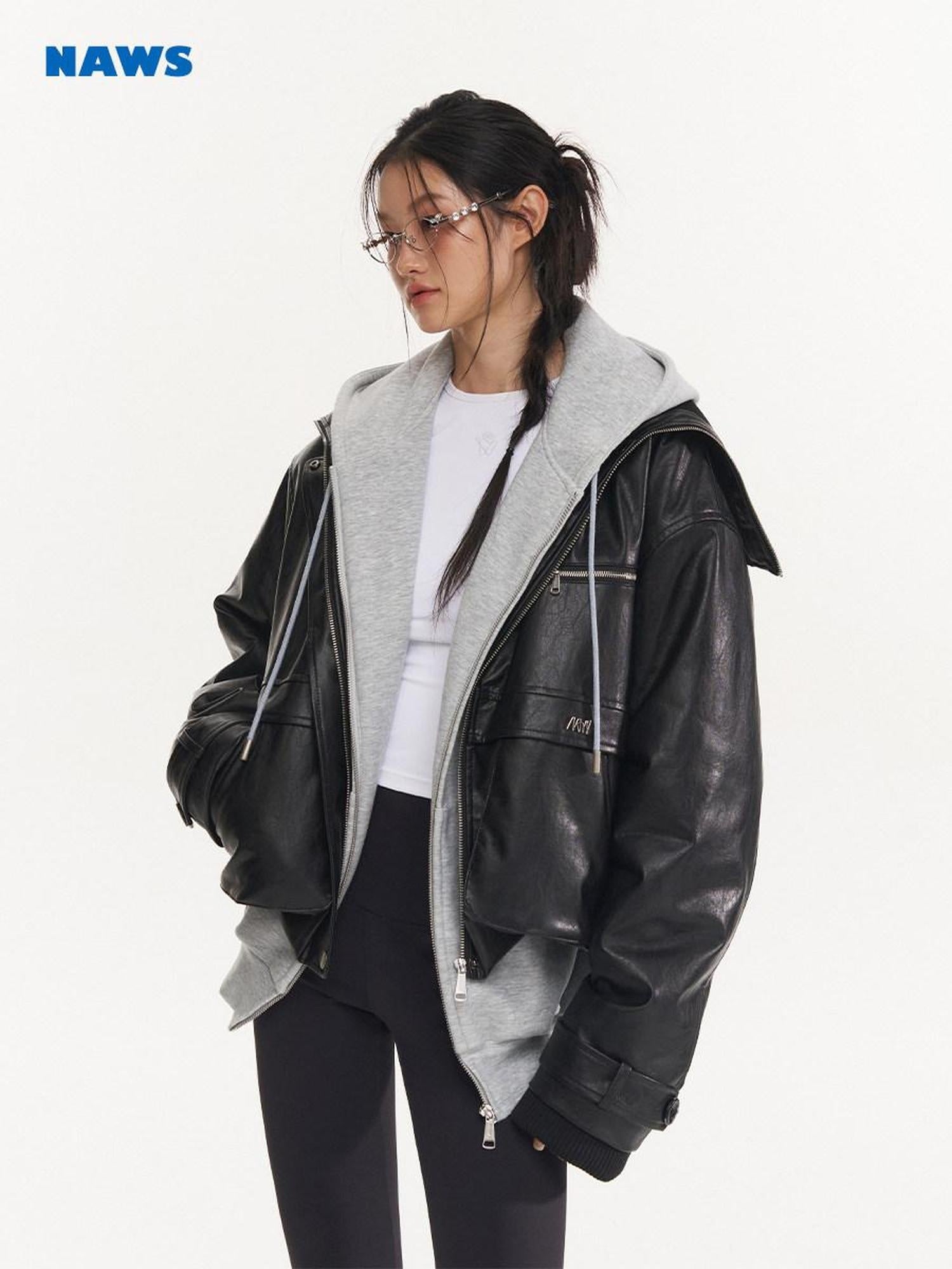 NAWSNOTAWEAR Thick High Collar Zipper Loose Fit Workwear Women Black Pu Puffer Jackets