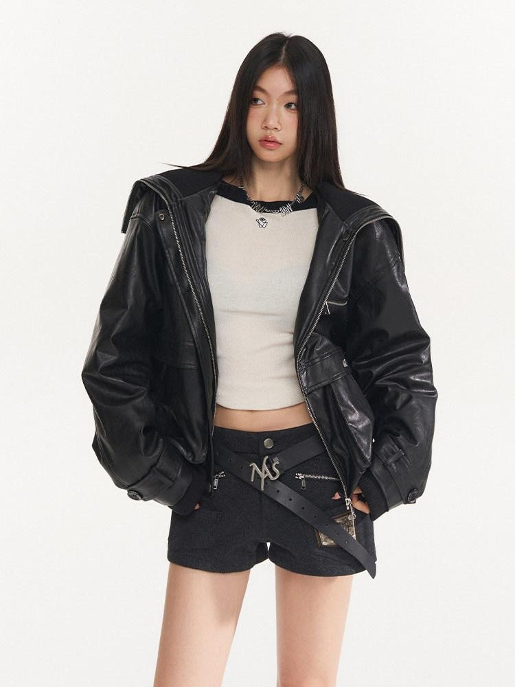 NAWSNOTAWEAR Thick High Collar Zipper Loose Fit Workwear Women Black Pu Puffer Jackets