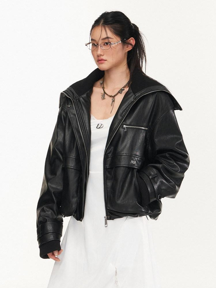 NAWSNOTAWEAR Thick High Collar Zipper Loose Fit Workwear Women Black Pu Puffer Jackets