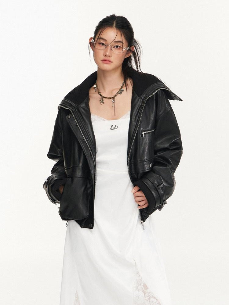 NAWSNOTAWEAR Thick High Collar Zipper Loose Fit Workwear Women Black Pu Puffer Jackets