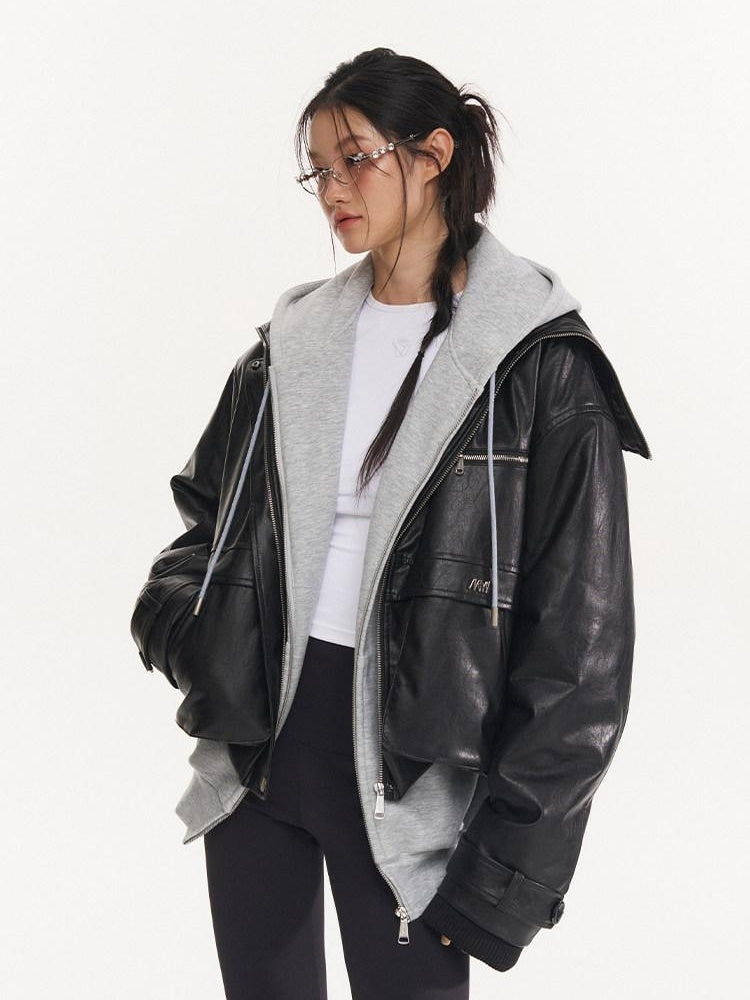 NAWSNOTAWEAR Thick High Collar Zipper Loose Fit Workwear Women Black Pu Puffer Jackets