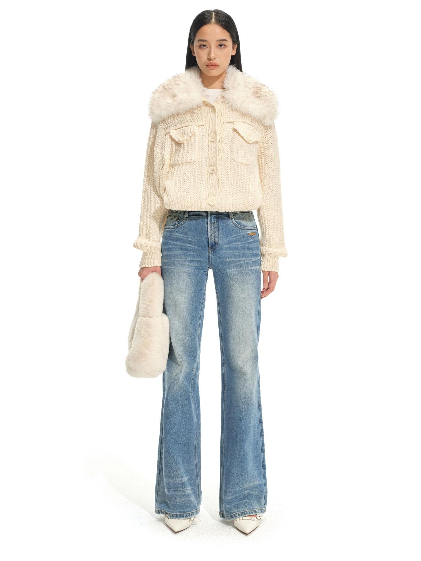 NAWSNOTAWEAR Thick Retro Loose Cropped Single Button Women Soft Beige Knit Cardigans