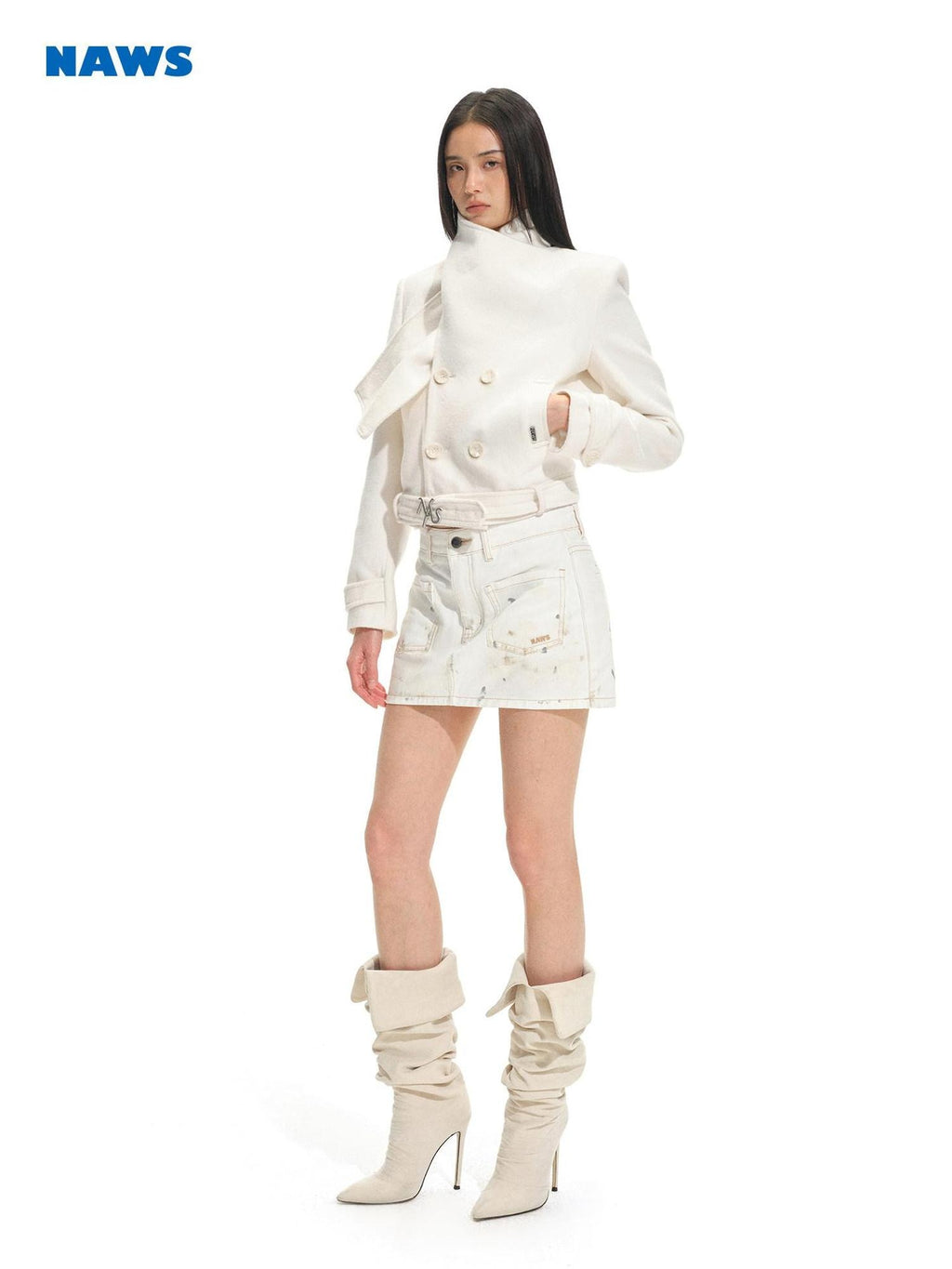NAWSNOTAWEAR Thick Wool Blend Double Breasted Stand Collar Commuter Women White Wool Coats