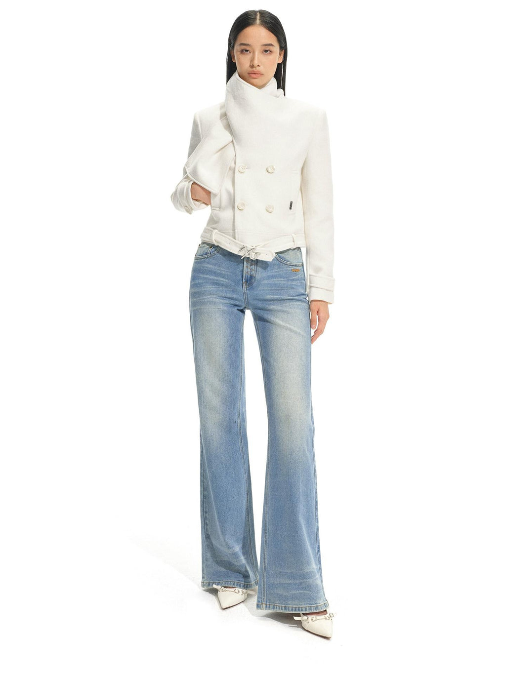 NAWSNOTAWEAR Thick Wool Blend Double Breasted Stand Collar Commuter Women White Wool Coats