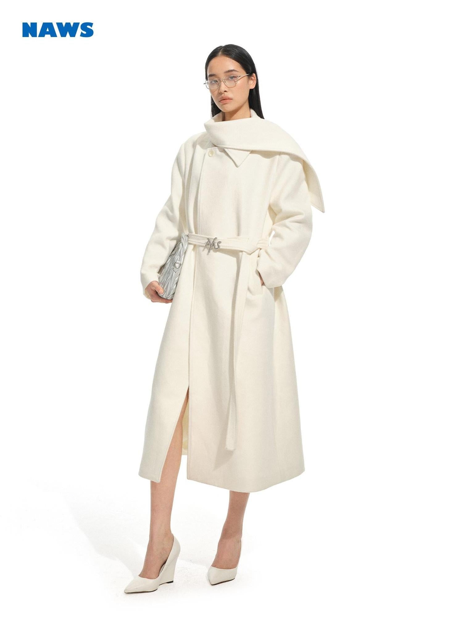NAWSNOTAWEAR Thick Wool Blend Long Lapel Coat Commuter Office Women Aurora White Wool Coats