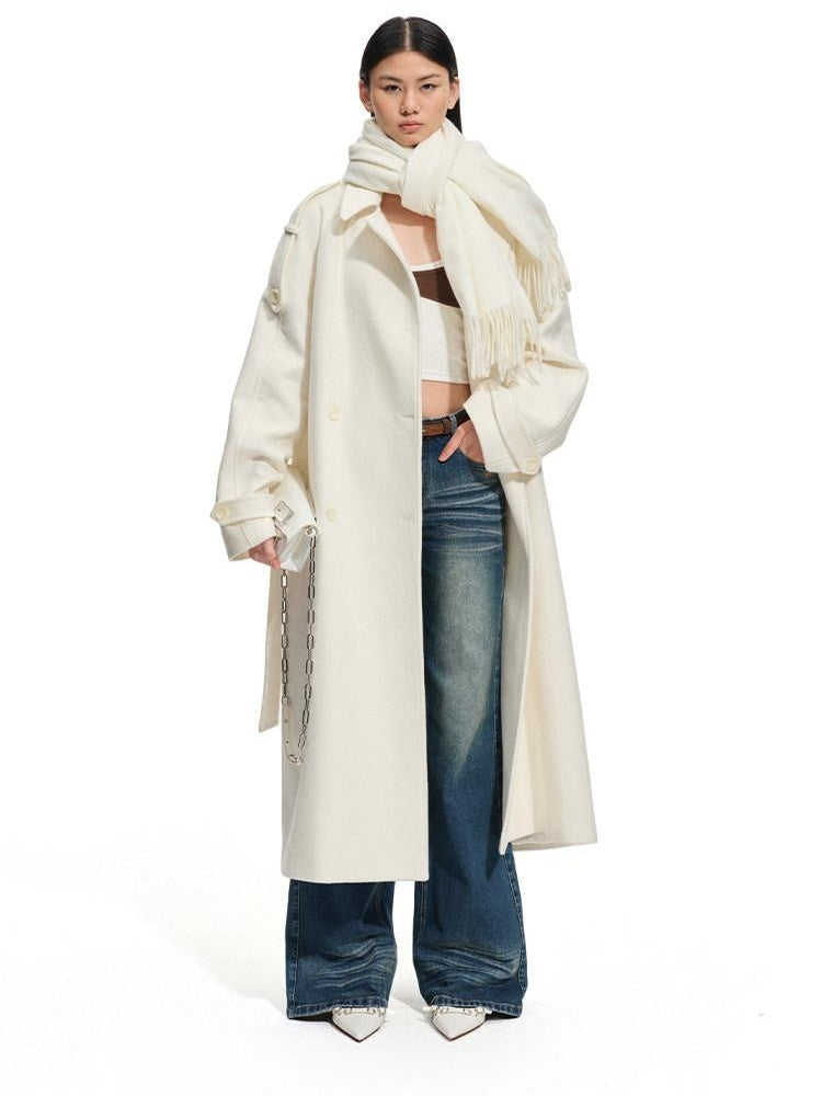 NAWSNOTAWEAR Thick Wool Blend Longline Lapel Casual Young Women Aurora White Wool Coats