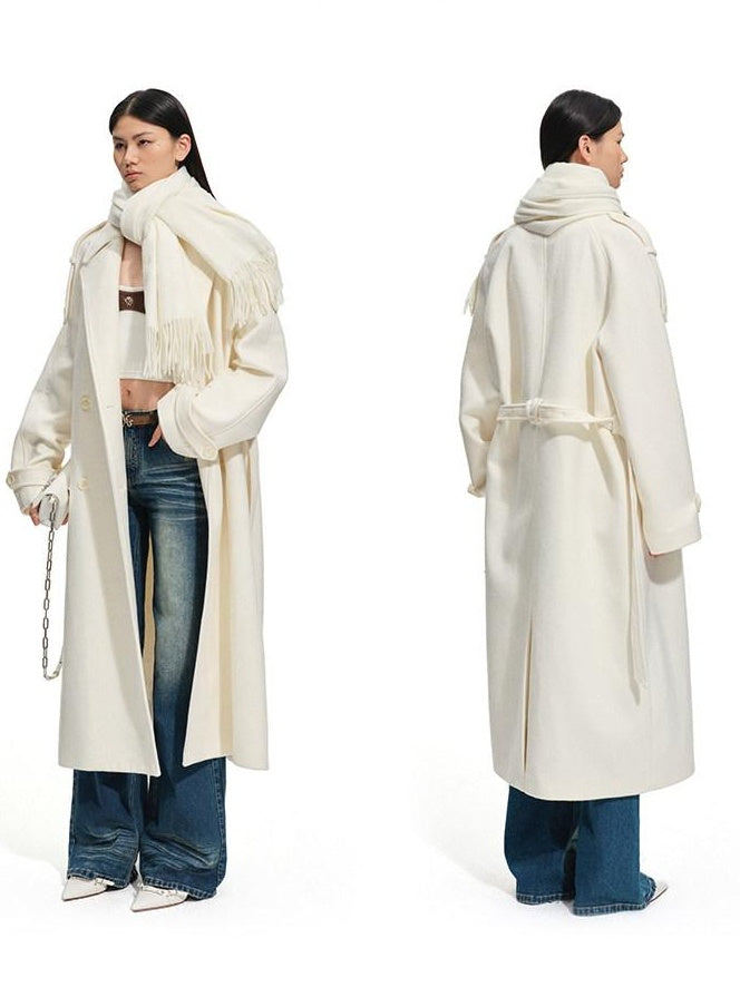 NAWSNOTAWEAR Thick Wool Blend Longline Lapel Casual Young Women Aurora White Wool Coats