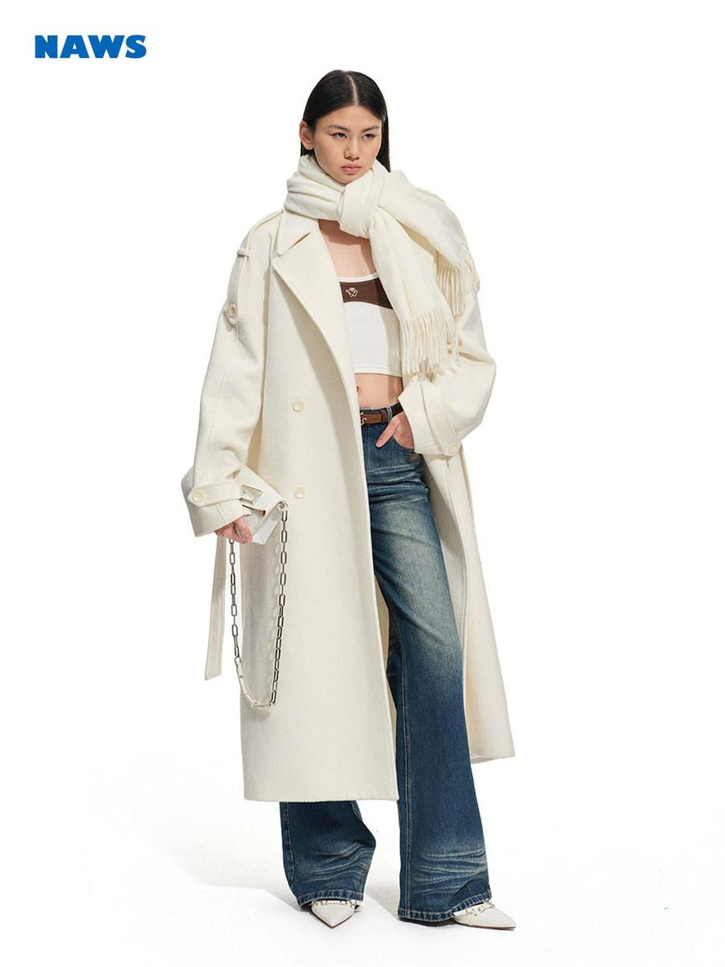 NAWSNOTAWEAR Thick Wool Blend Longline Lapel Casual Young Women Aurora White Wool Coats