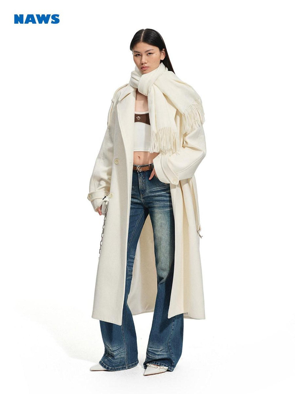 NAWSNOTAWEAR Thick Wool Blend Longline Lapel Casual Young Women Aurora White Wool Coats