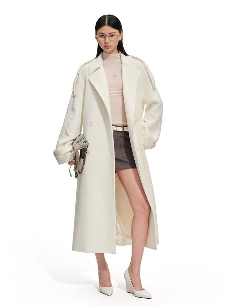 NAWSNOTAWEAR Thick Wool Blend Longline Lapel Casual Young Women Aurora White Wool Coats