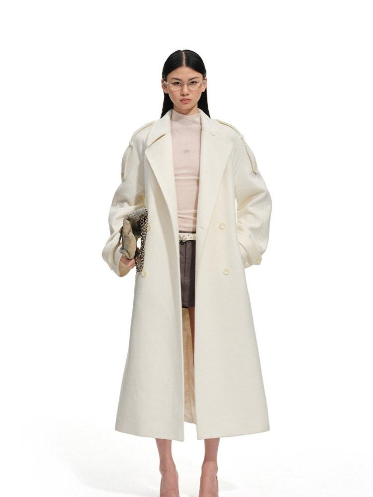 NAWSNOTAWEAR Thick Wool Blend Longline Lapel Casual Young Women Aurora White Wool Coats