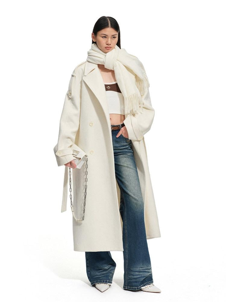 NAWSNOTAWEAR Thick Wool Blend Longline Lapel Casual Young Women Aurora White Wool Coats