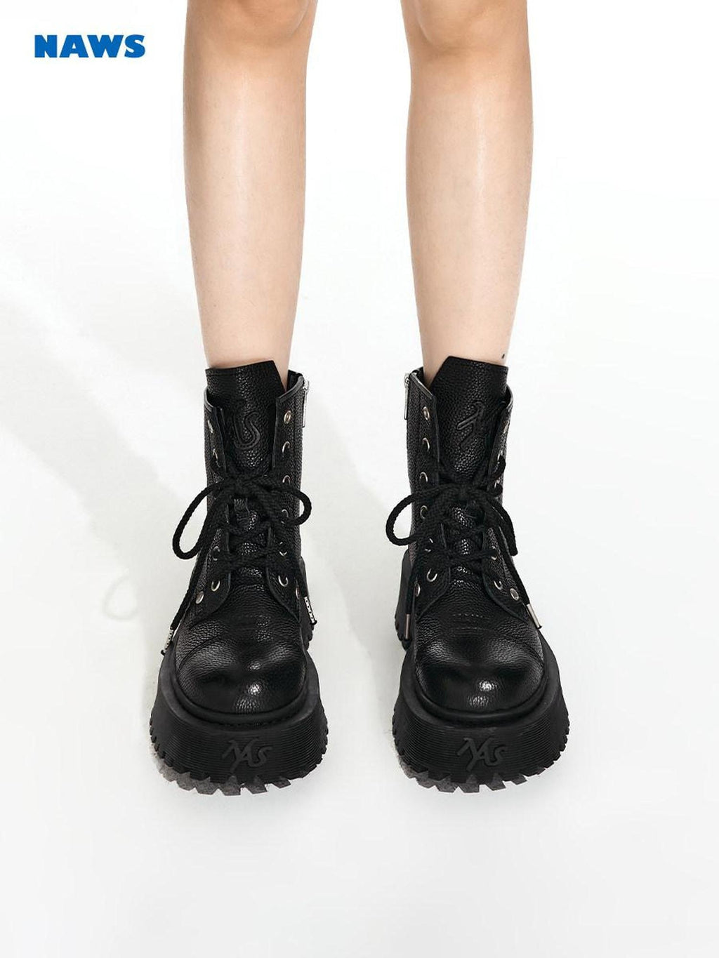 NAWSNOTAWEAR Top Grain Leather Lace Up Ankle Riding Boots Mid Heel Chunky Platform Boots