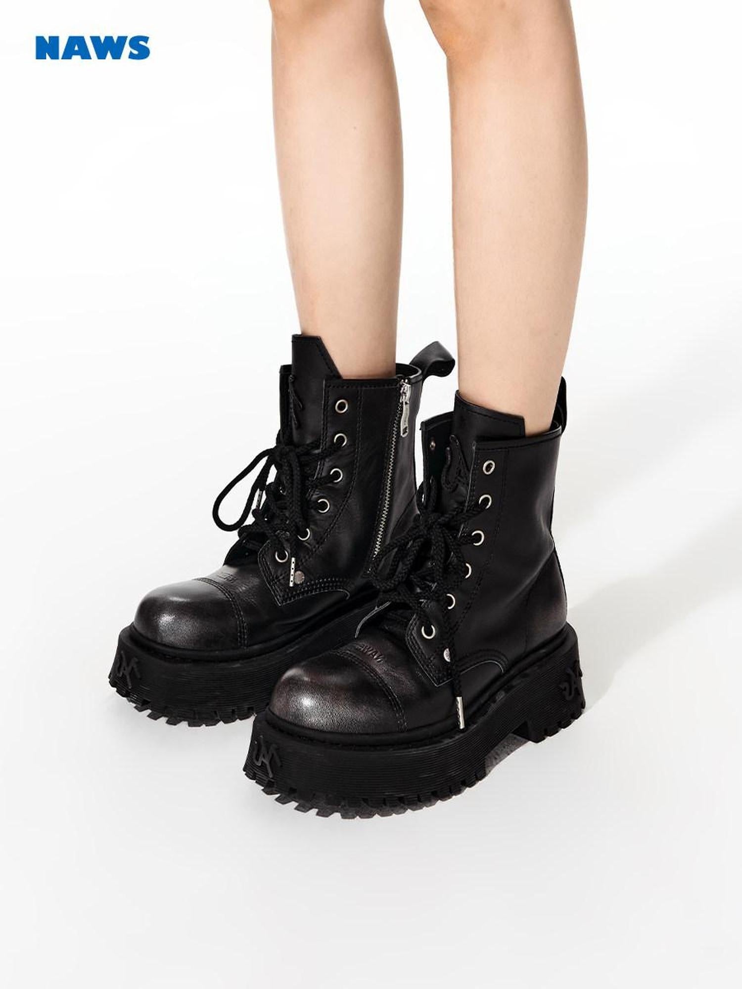 NAWSNOTAWEAR Top Grain Leather Lace Up Ankle Riding Boots Mid Heel Chunky Platform Boots