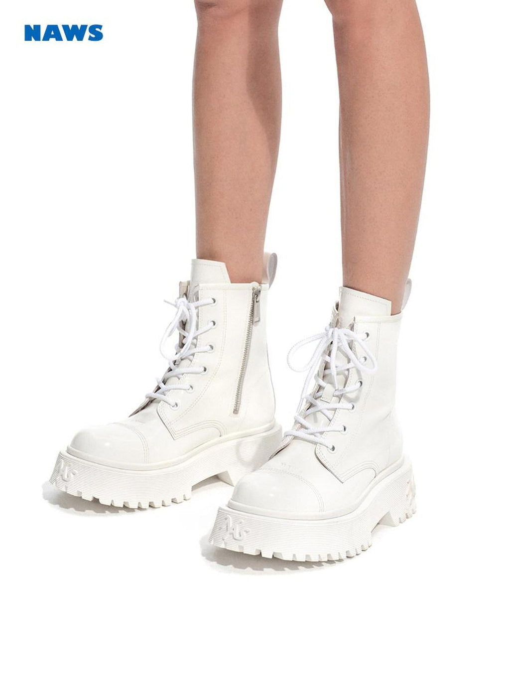 NAWSNOTAWEAR Top Grain Leather Lace Up Ankle Riding Boots Mid Heel Chunky Platform Boots