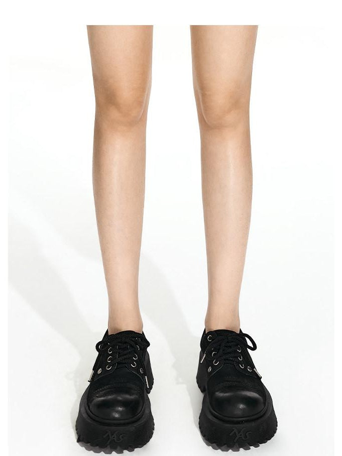 NAWSNOTAWEAR Top Grain Leather Lace Up Mid Heel Platform Round Toe Commuter Everyday Flats