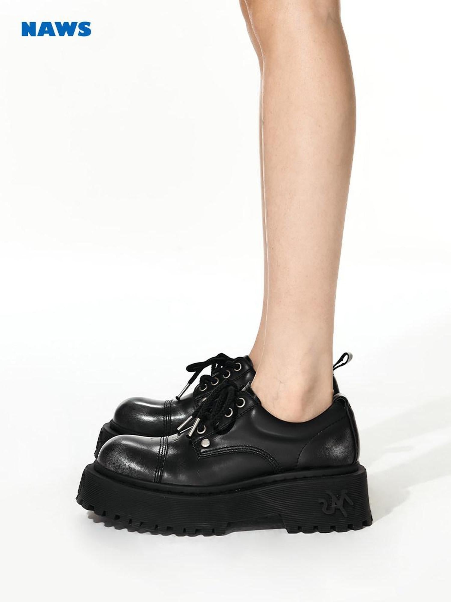 NAWSNOTAWEAR Top Grain Leather Lace Up Mid Heel Platform Round Toe Commuter Everyday Flats