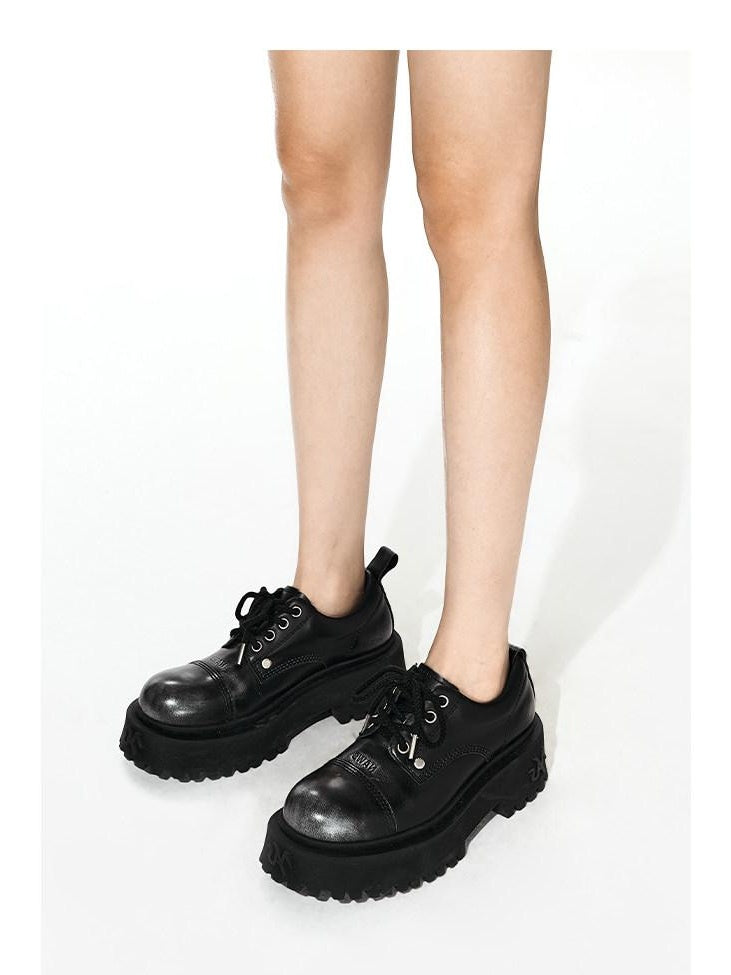 NAWSNOTAWEAR Top Grain Leather Lace Up Mid Heel Platform Round Toe Commuter Everyday Flats