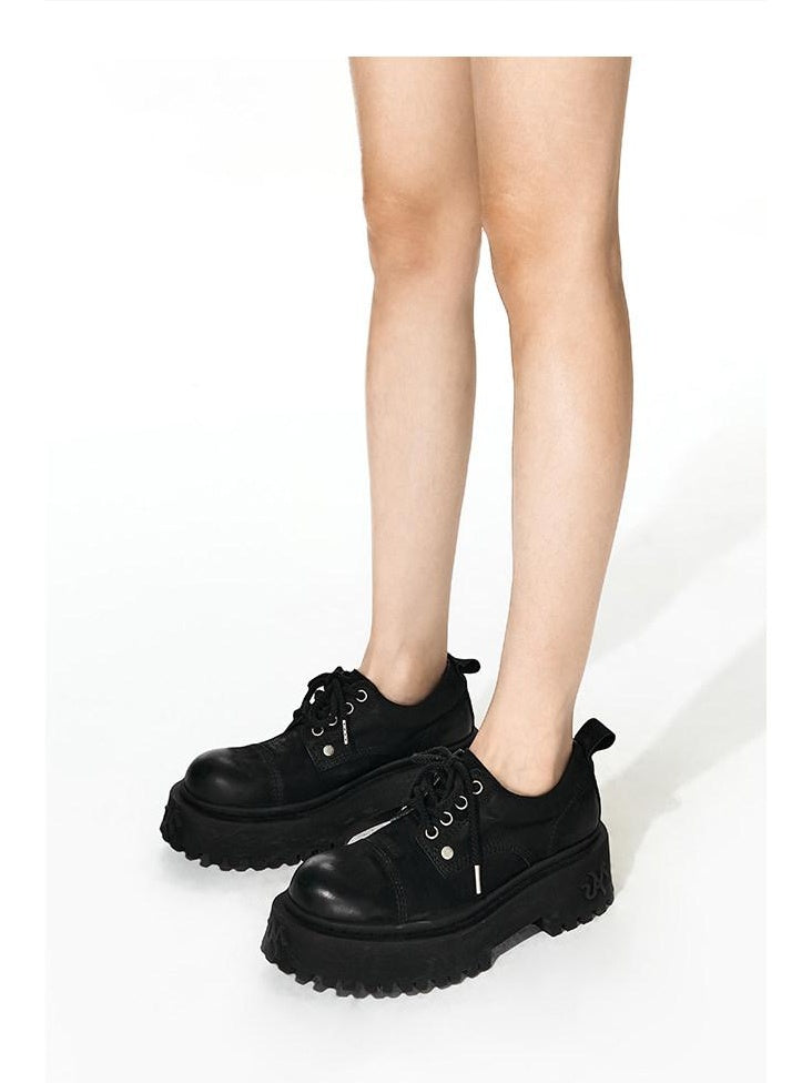 NAWSNOTAWEAR Top Grain Leather Lace Up Mid Heel Platform Round Toe Commuter Everyday Flats