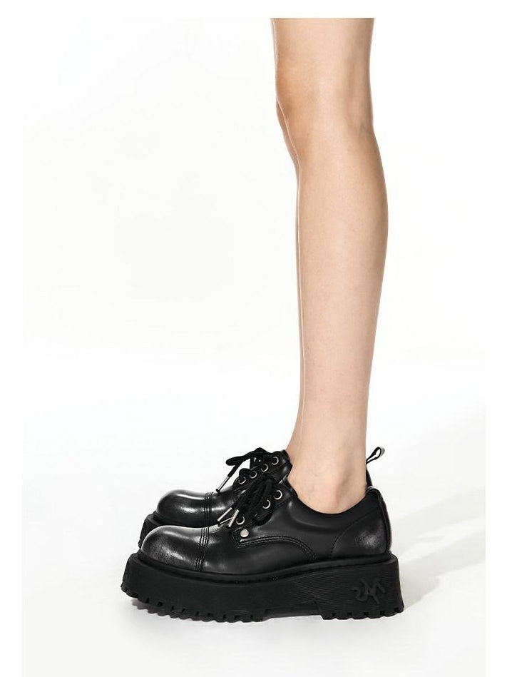 NAWSNOTAWEAR Top Grain Leather Lace Up Mid Heel Platform Round Toe Commuter Everyday Flats