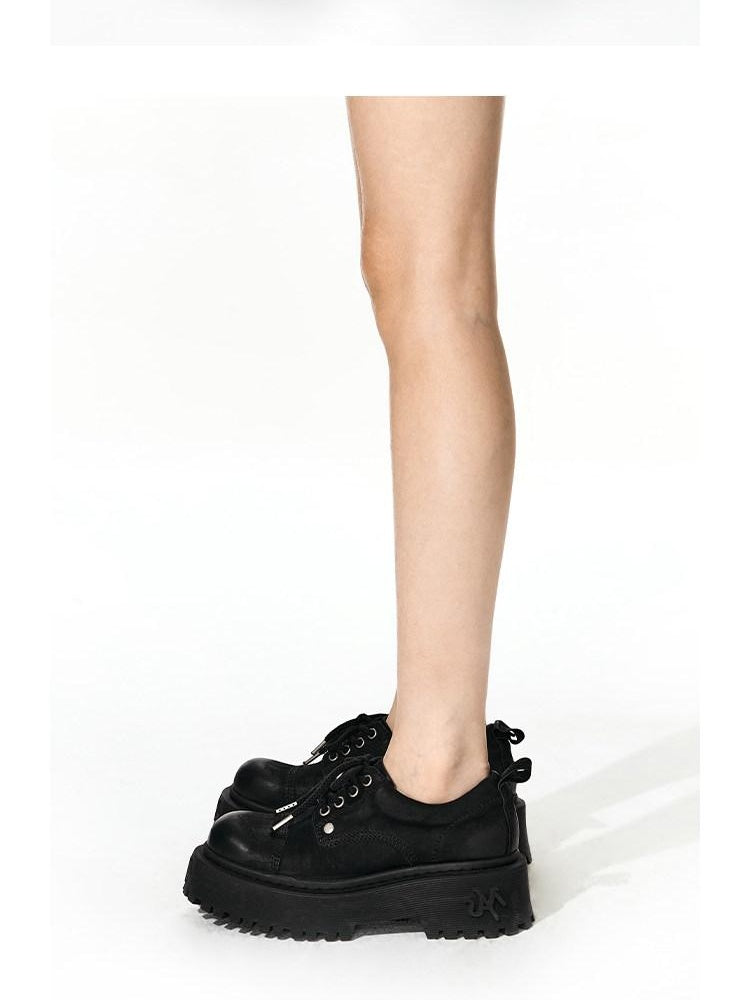 NAWSNOTAWEAR Top Grain Leather Lace Up Mid Heel Platform Round Toe Commuter Everyday Flats