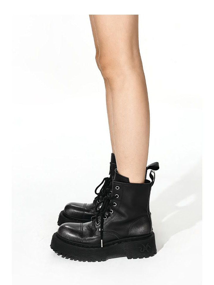 NAWSNOTAWEAR Top Grain Leather Platform Mid Heel Short Shaft Rider Women Daily Commuter Boots