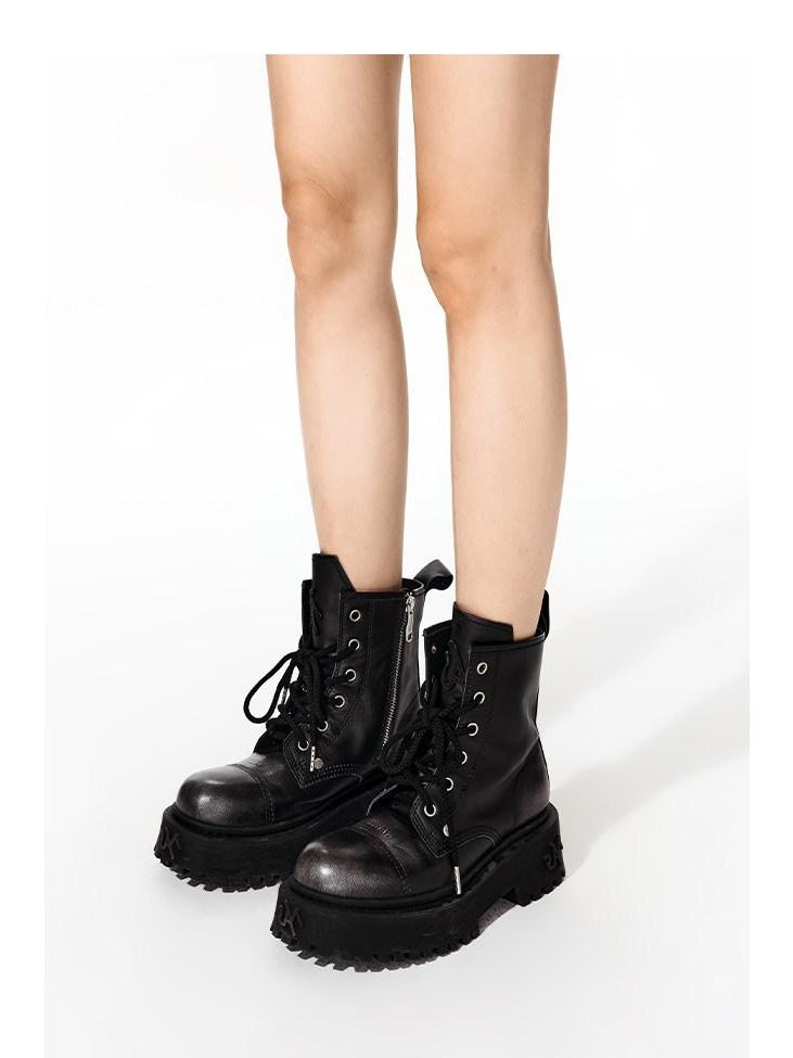 NAWSNOTAWEAR Top Grain Leather Platform Mid Heel Short Shaft Rider Women Daily Commuter Boots