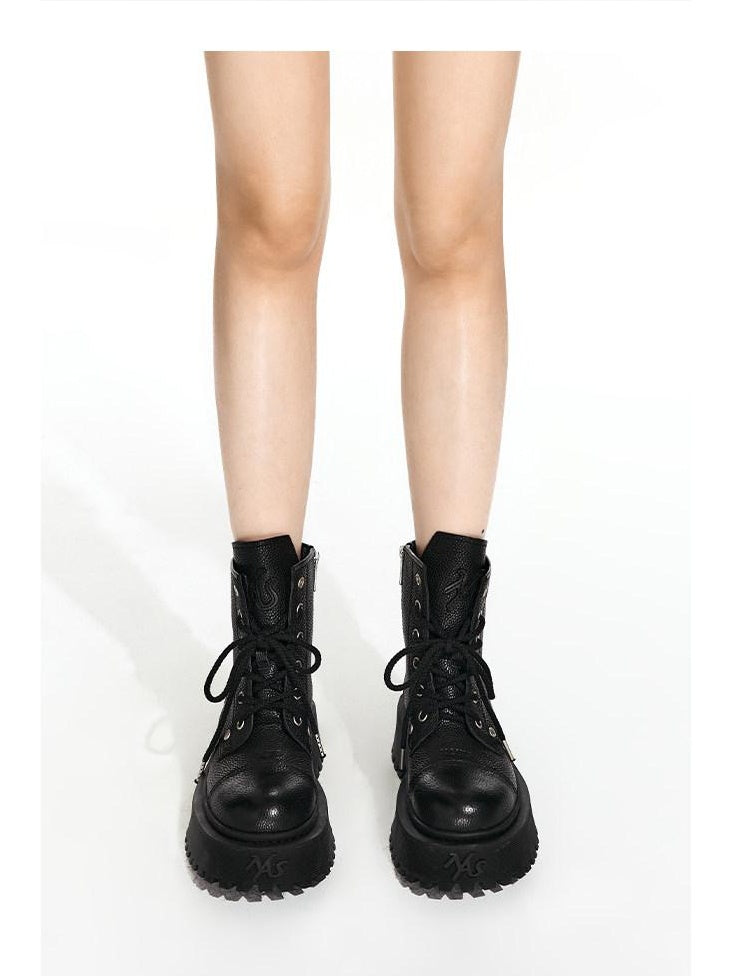 NAWSNOTAWEAR Top Grain Leather Platform Mid Heel Short Shaft Rider Women Daily Commuter Boots