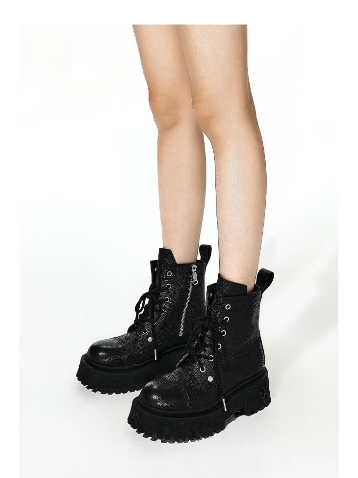 NAWSNOTAWEAR Top Grain Leather Platform Mid Heel Short Shaft Rider Women Daily Commuter Boots
