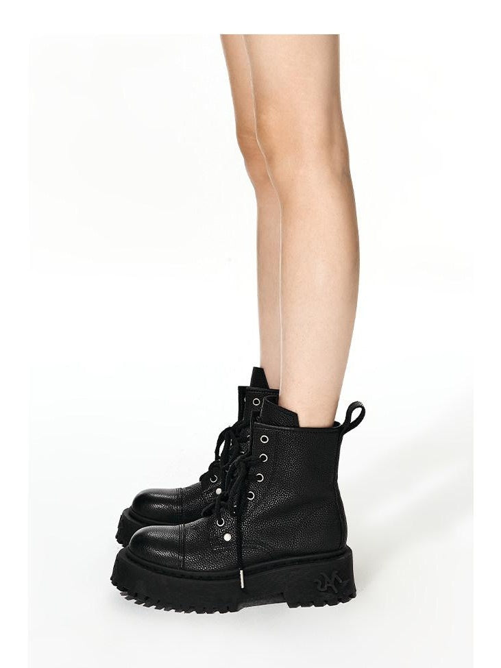 NAWSNOTAWEAR Top Grain Leather Platform Mid Heel Short Shaft Rider Women Daily Commuter Boots