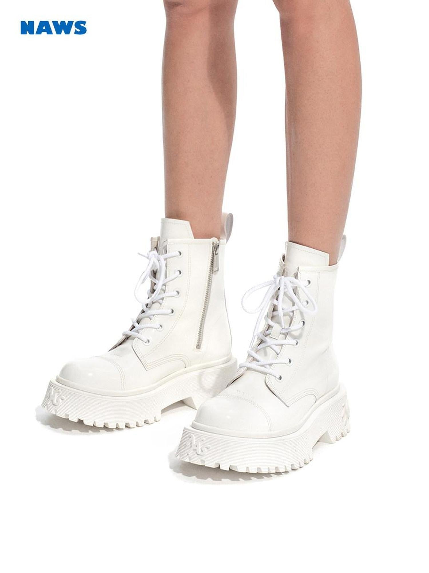 NAWSNOTAWEAR Top Grain Leather Platform Mid Heel Short Shaft Rider Women Daily Commuter Boots