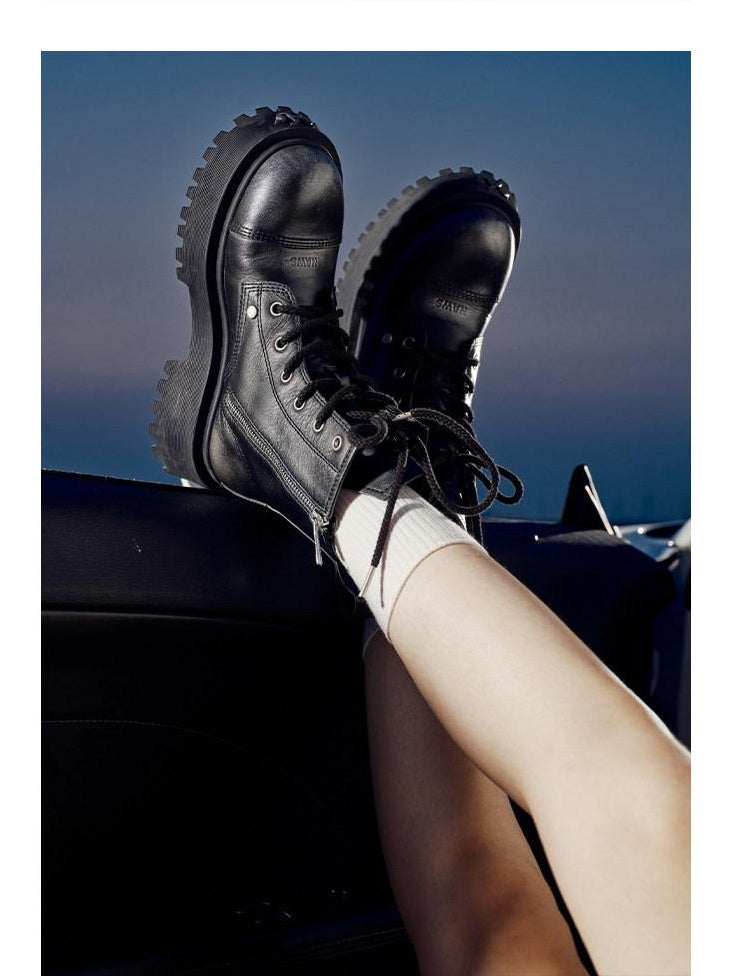 NAWSNOTAWEAR Top Grain Leather Platform Mid Heel Short Shaft Rider Women Daily Commuter Boots