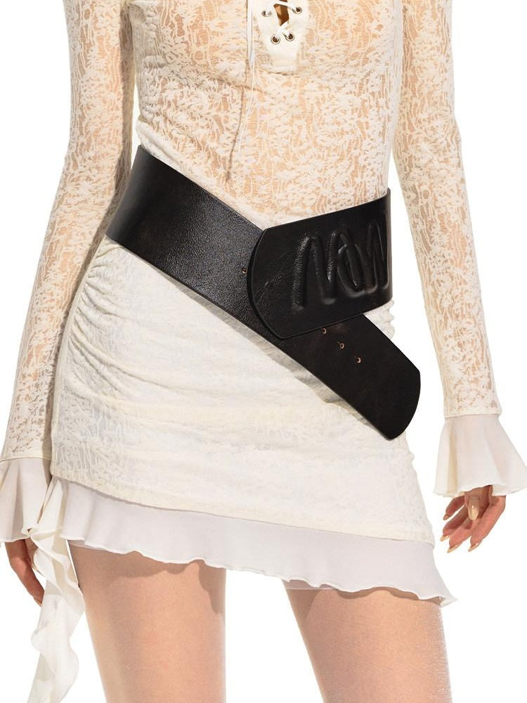 NAWSNOTAWEAR Topgrain Embossed Leather Wide Waist Cincher Casual Unisex Amber Brown Belts