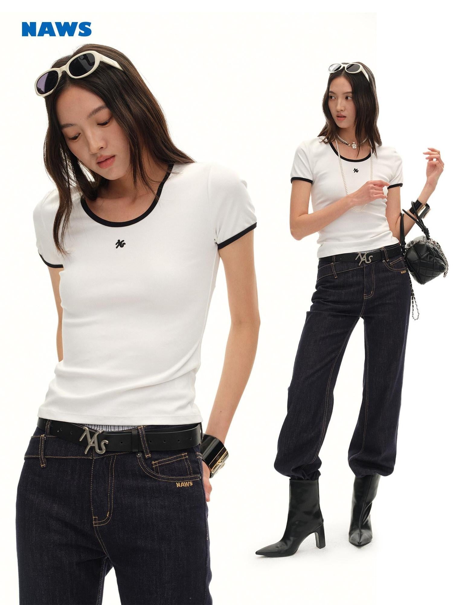 NAWSNOTAWEAR Ultra Thin Breathable Slim Fit Contrast Crewneck Women Short Sleeve T-Shirts