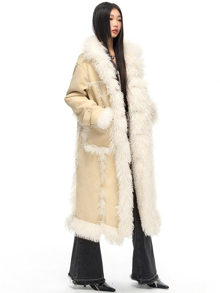 NAWSNOTAWEAR Vertical Fur Patchwork Stand Collar Commuter Women Vanilla Coffee Long Coats